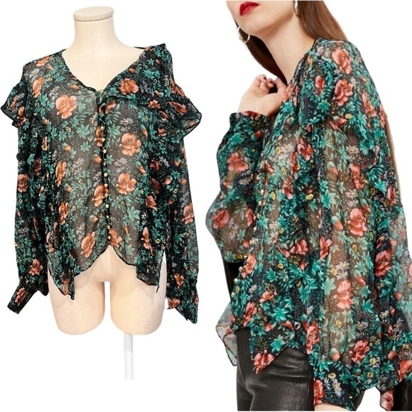 THE KOOPLES asymmetrical ruffle trimmed poppie field semi sheer blouse - Picture 1 of 16